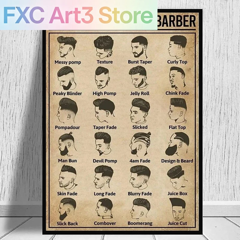 Home Barber - Безрамный постер с изображением ретро-причесок и