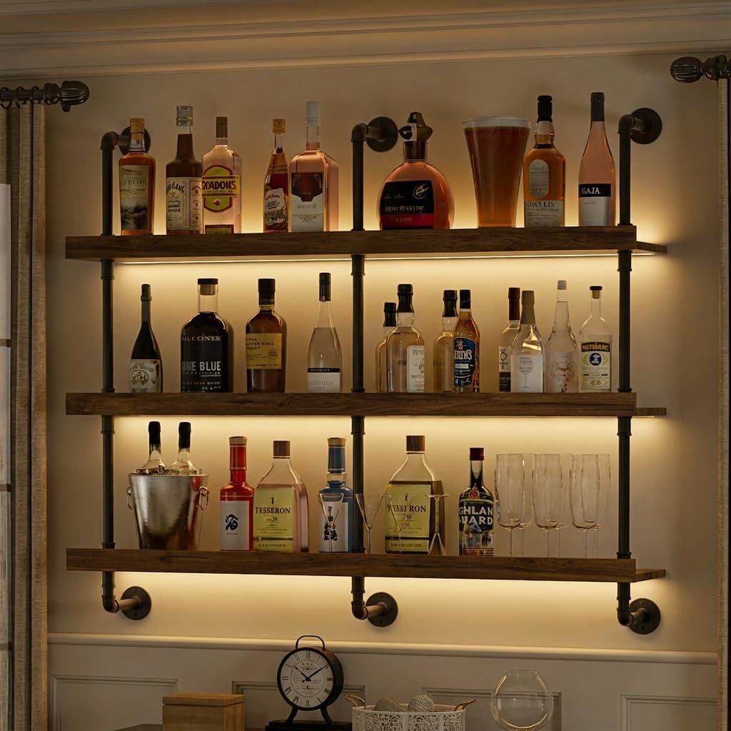 Home Bar Stand - Настенная винная полка с LED-подсветкой, трехуровневая